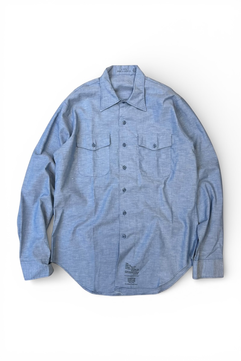【中古】US NAVY (ユーエス ネイビー) 87'S L/S COTTON CHAMBRAY UTILITY SHIRT TYPE3 87年 長袖 コットン シャンブレー ユーティリティー シャツ / BLUE [SIZE: L DEADSTOCK/NOS]