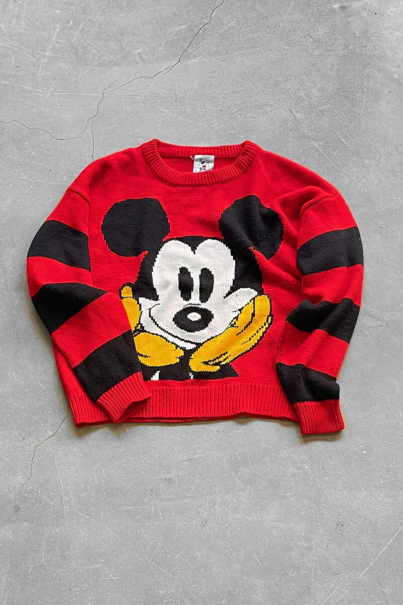 【中古】MICKEY INC. (ミッキー) 90'S MICKEY PRINT CHARACTER SWEATER 90年代 ミッキー ニット セーター / RED [SIZE: M相当 USED]