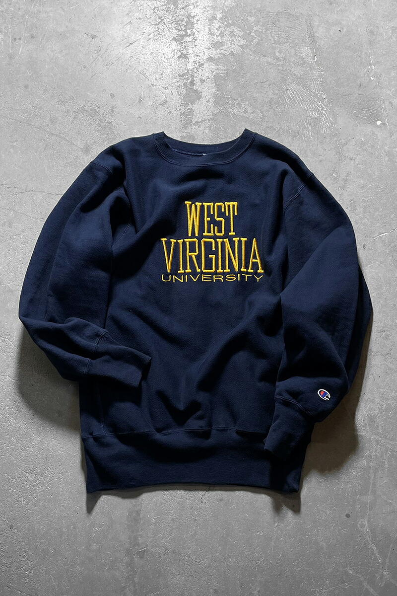 【中古】CHAMPION (はやりっ児) MADE IN MEXICO 90\u0027S REVERSE WEAVE WEST VIRGINIA UNIVERSITY PRINT SWEATSHIRT メキシコ合衆国製 90年月日 逆さま ウィーブ 分科大学 汗水 プルオーバー / NAVY [SIZE: XL USED]