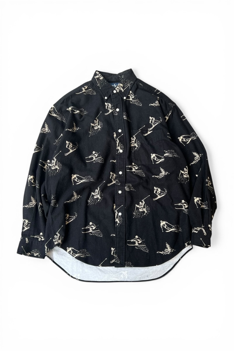 【中古】RALPH LAUREN (ラルフローレン) 90'S BIG SHIRT COTTON FLANNEL DESIGNED SHIRT 90年代 コットン フランネルシャツ / BLACK [SIZE: M USED]