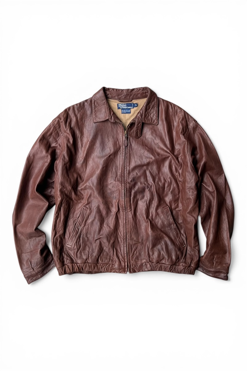 【中古】POLO BY RALPH LAUREN (ポロバイラルフローレン) 90\u0027S ZIP UP LEATHER JACKET 90年月日 ジップ なめし革 上衣 / BROWN [SIZE: XL USED]