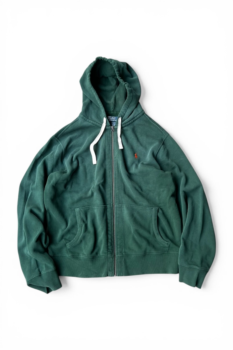 【中古】POLO BY RALPH LAUREN (ポロ バイ ラルフローレン) ZIP HOODIE SWEATSHIRT ワンポイント ロゴタイプ ジップフーディー トレーナー / GREEN [SIZE: XL USED]