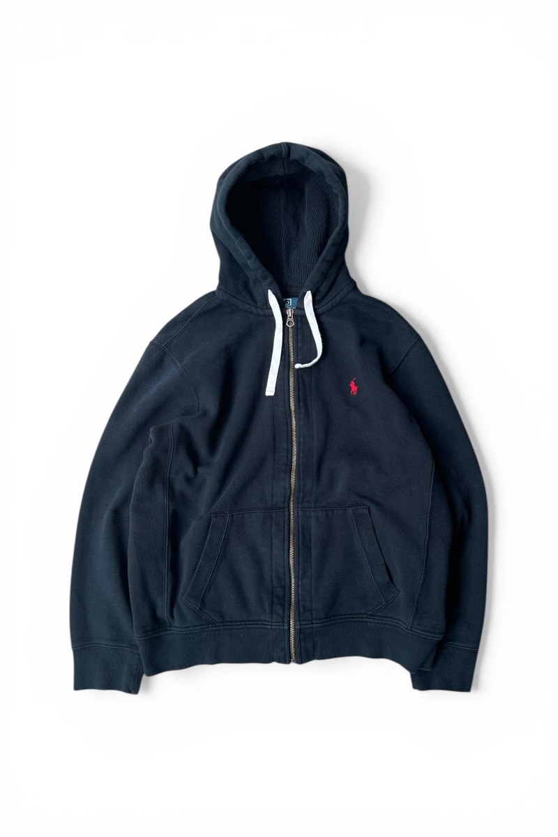 【中古】POLO BY RALPH LAUREN (ポロ バイ ラルフローレン) EXCLUSIVE OF DECORATION ZIP HOODIE SWEATSHIRT ワンポイント ロゴタイプ ジップフーディー トレーナー / BLACK [SIZE: XL USED]