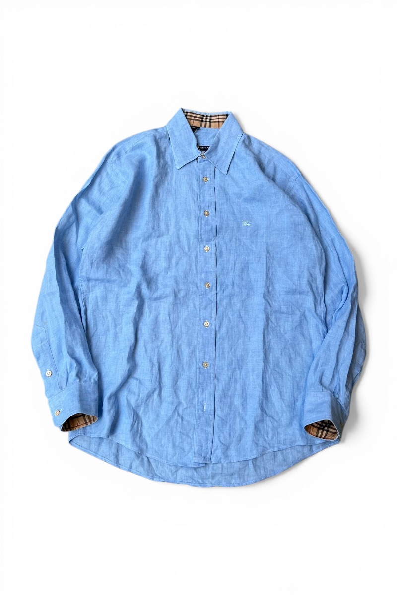 【中古】BURBERRY (バーバリー) MADE IN USA L/S LINEN SHIRT USA製 長袖 リネン シャツ / BLUE [SIZE: M USED]