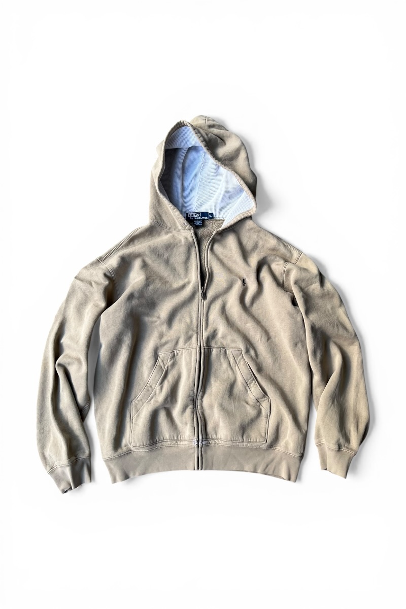 【中古】POLO BY RALPH LAUREN (ポロ バイ ラルフローレン) 90\u0027S ZIP HOODIE SWEATSHIRT 90年月日 ジップ フーディー トレーナー / BEIGE [SIZE: XL USED]