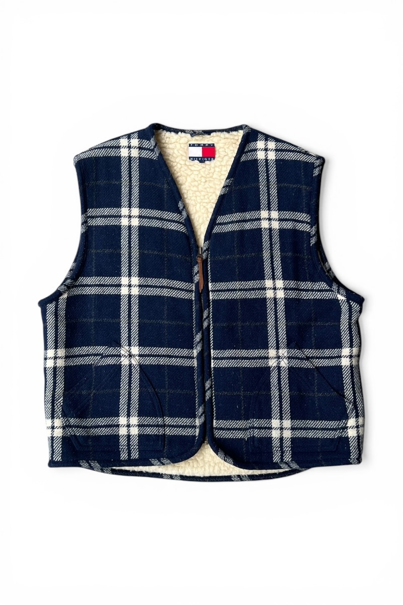【中古】TOMMY HILFIGER (トミーヒルフィガー) 90\u0027S WOOL CHECK VEST W/BOA LINER 90年月日 羊毛 読み合わせる より良い ボア ラインドライブ / CHECK [SIZE: L USED]