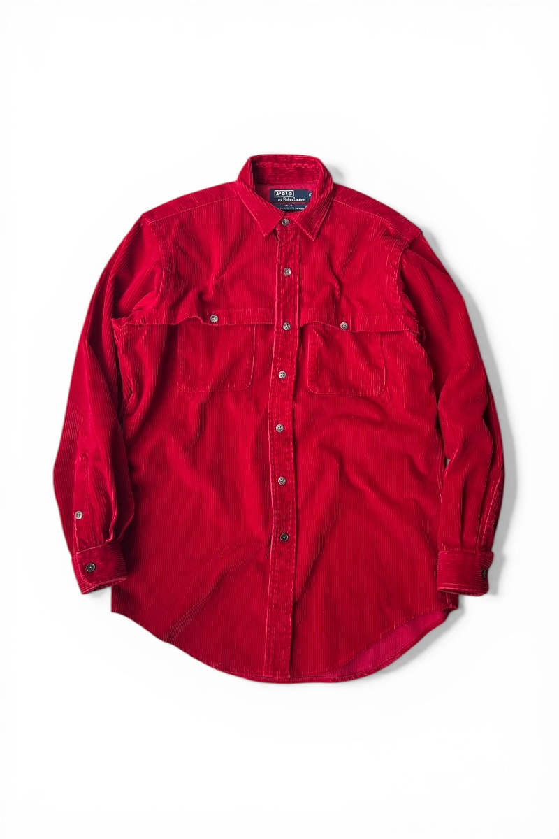 【中古】POLO BY RALPH LAUREN (ポロ バイ ラルフローレン) MADE IN USA 80\u0027S L/S CORDUROY SHIRT USA製 80年月日 長袖 コール天 プルオーバー / RED [SIZE: S USED]