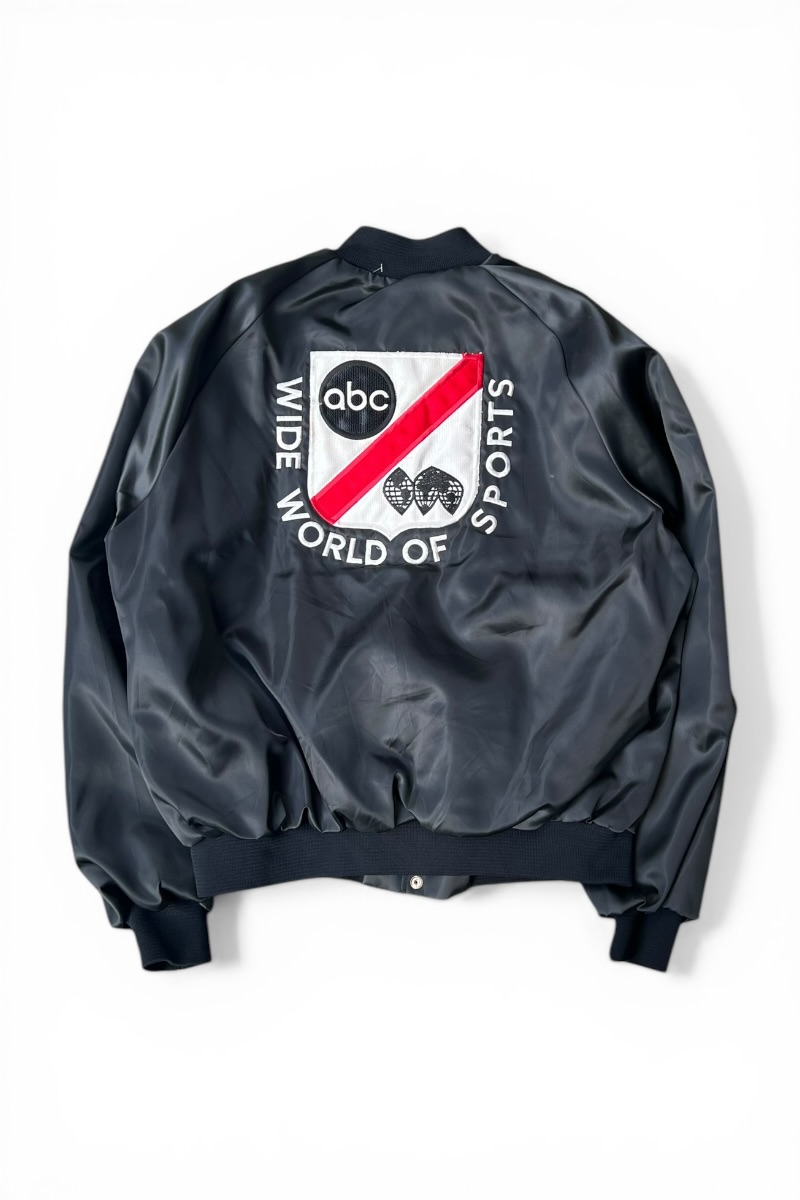 【中古】TAYLOR JACKETS (テイラー 上衣) MADE IN USA 80\u0027S ABC BACK EMBROIDERY NYLON STADIUM JACKET USA製 80年月日 ABC うしろ側 刺しゅう ナイロン 上衣 / BLACK [SIZE: XL USED]