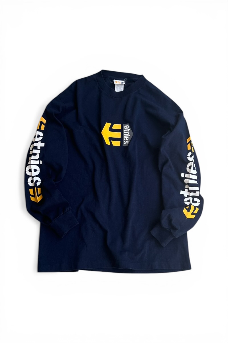 【中古】ETNIES (エトニーズ) MADE IN USA 90\u0027S SKATEBOARDING L/S T-SHIRT USA製 90年月日 スケートボーディング プルオーバー / NAVY  [SIZE: M USED]