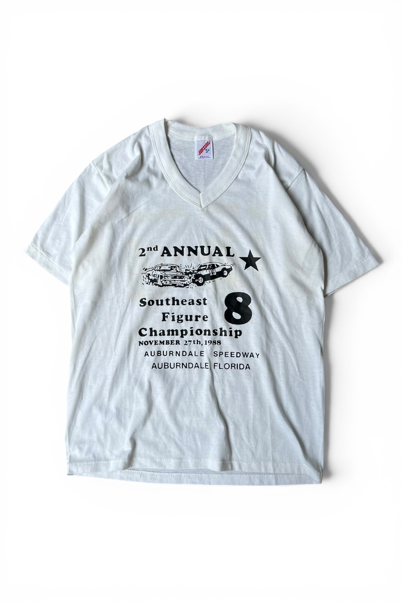 【中古】JERZEES (ジャージーズ) MADE IN USA 80\u0027S SOUTHEAST FIGURE CHAMPIONSHIP V-NECK T-SHIRT USA製 80年月日 サウスパン種 Vのど首 プルオーバー / WHITE [SIZE: M USED]