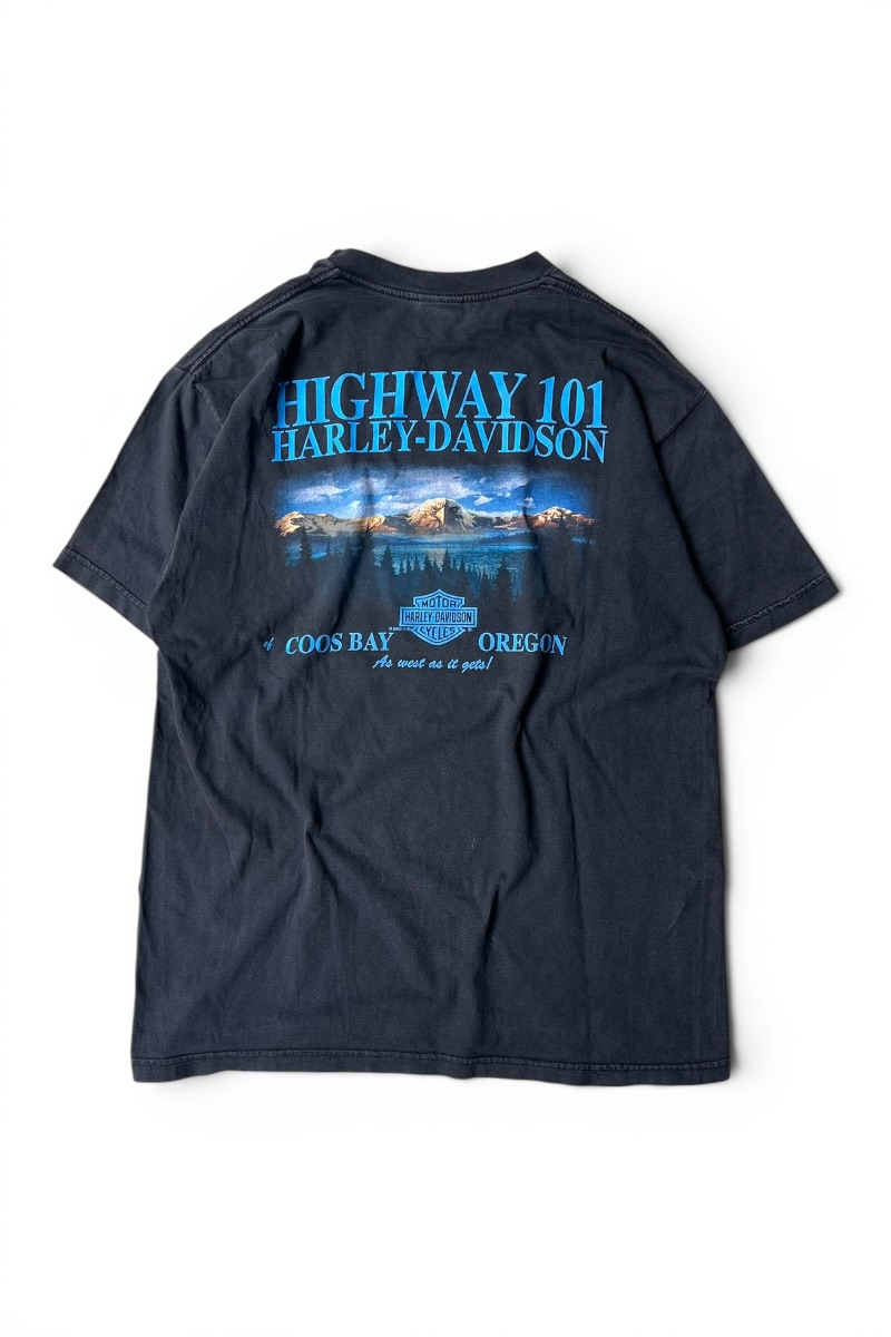 【中古】HARLEY DAVIDSON (ハーレーダヴィッドソン) MADE IN USA Y2K 00\u0027S FLAME HIGH WAY 101 T-SHIRT 亜米利加製 00年月日 ひな形 ご機嫌 通い路 101 ティーシャツ / BLACK [SIZE: L USED]
