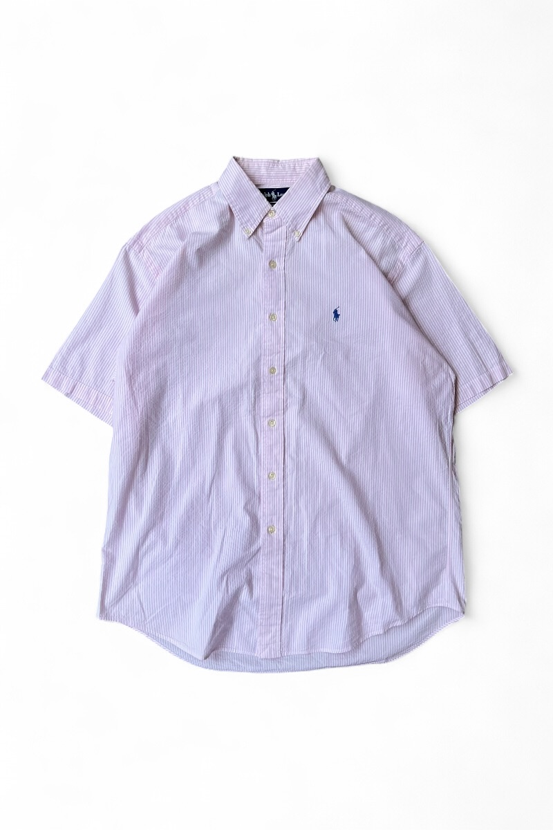 【中古】RALPH LAUREN (ラルフローレン) 90\u0027S S/S BLAKE STRIPE SHIRT 90年月日 半袖 ひと休み 縞模様 プルオーバー / PINK [SIZE: M USED]