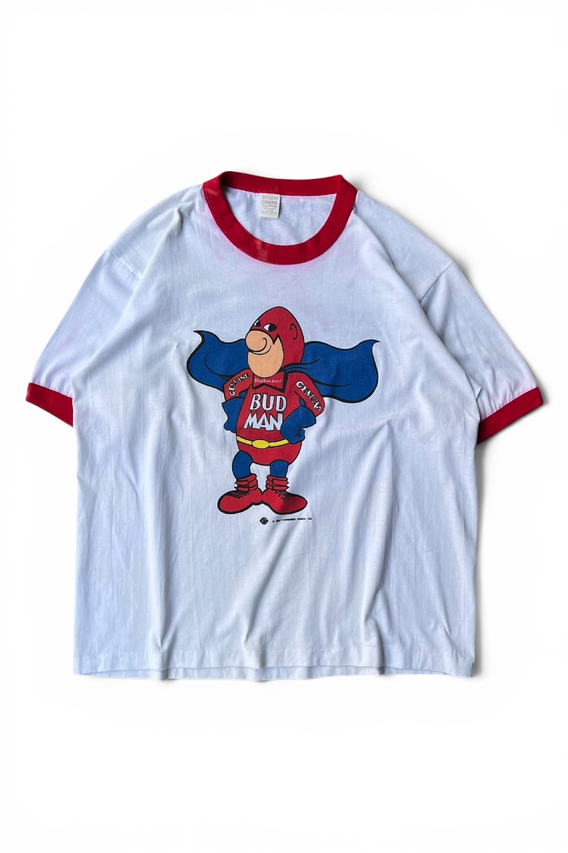 【中古】STONY CREEK (ストニー クリーク) MADE IN USA 87'S BUDWISER ADVERTISING RINGER T-SHIRT USA製 87年 バドワイザー 企業 リンガー Tシャツ / WHITE [SIZE: XL USED]｜JULIUS NYC