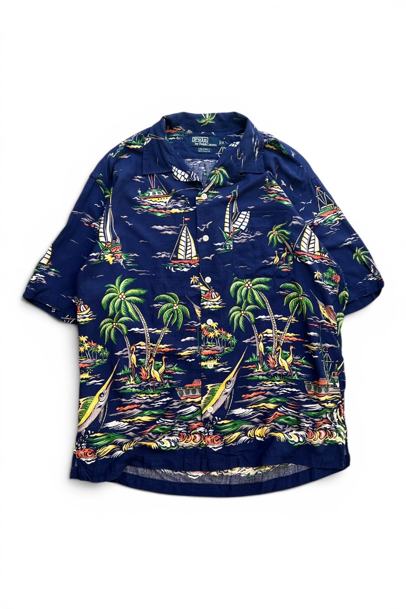 【中古】POLO BY RALPH LAUREN (ポロ バイ ラルフローレン) 90\u0027S S/S CALDWELL HAWAIIAN SHIRT 90年月日 半袖 コールドウェル ハワイアン プルオーバー / NAVY [SIZE: M USED]