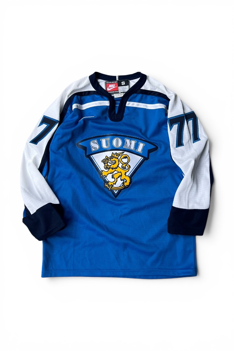 【中古】NIKE (ナイキ) MADE IN CANADA 02\u0027S FINLAND OLYMPIC HOCKEY GAME SHIRT カナダ製 02年 フィンランド フィールドホッケー 競り合いプルオーバー / BLUE [SIZE: S USED]
