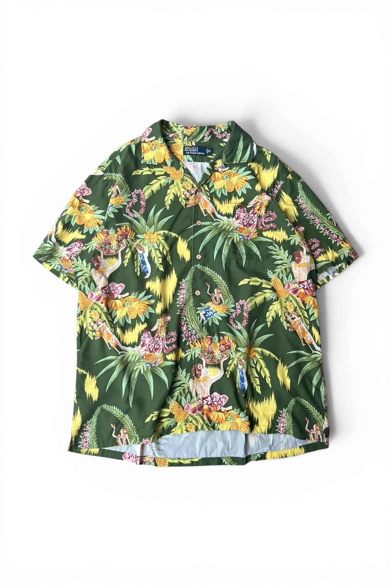 【中古】POLO BY RALPH LAUREN (ポロバイラルフローレン) 90\u0027S S/S VISCOSE HAWAIIAN SHIRT 90年月日 半袖 ヴィスコース ハワイアン プルオーバー GREEN [SIZE: XL USED]