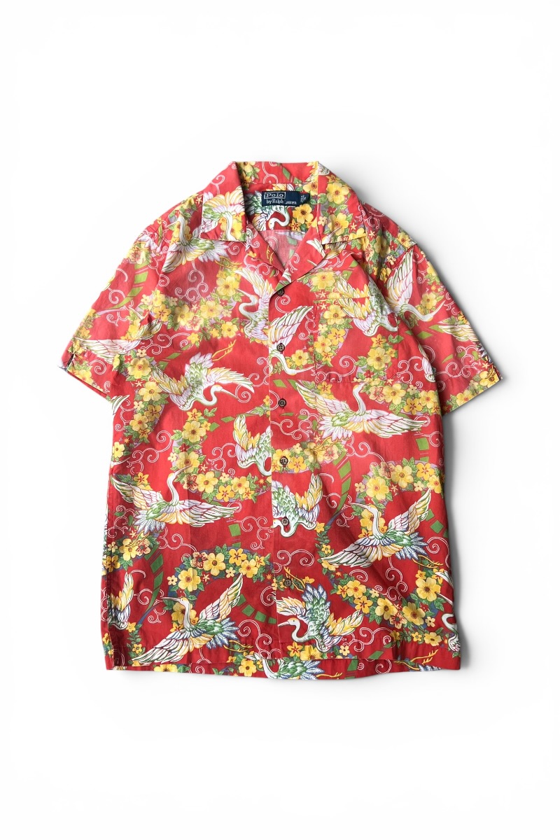 【中古】POLO BY RALPH LAUREN (ポロバイラルフローレン) 90\u0027S S/S OPEN COLLAR TROPICAL PATTERN SHIRT 90年月日 半袖 開けっ広げ色つや トロピカル お定まり プルオーバー PINK [SIZE: S USED]