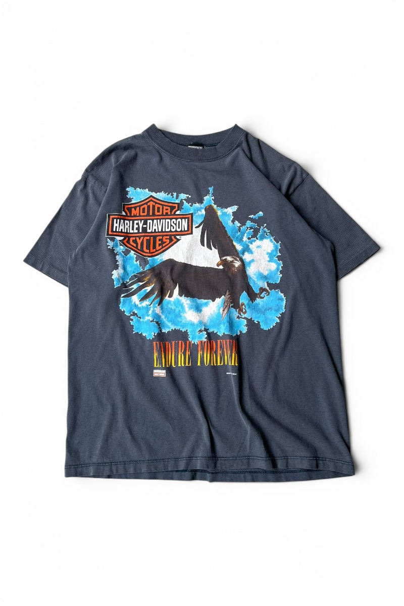 【中古】HARLEY DAVIDSON (ハーレー ダヴィッドソン) MADE IN USA 90-00\u0027S BORDER GRAPHIC T-SHIRT USA製 90-00年月日  間借り人 グラフィック ティーシャツ / GRAY [SIZE: L USED]