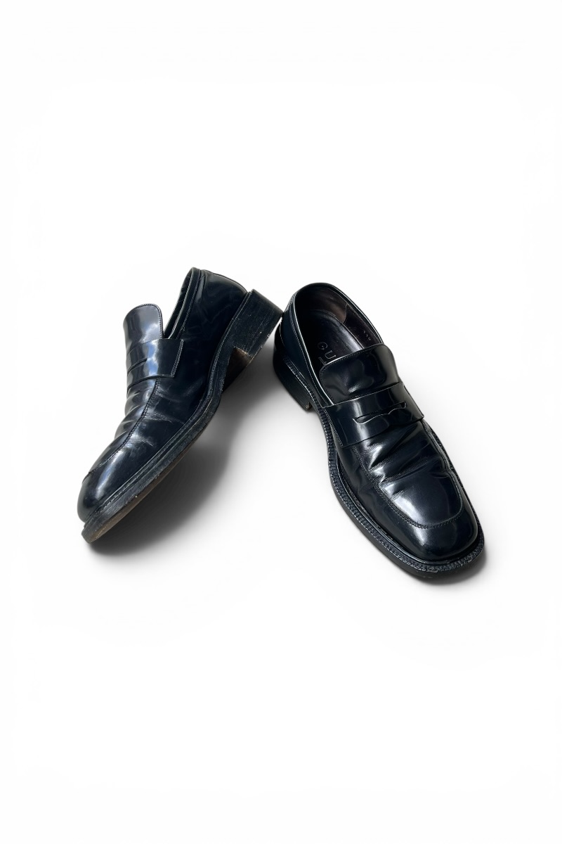 【中古】GUCCI (グッチ) MADE IN ITALY SQUARE LEATHER LOAFERS イタリア製 真四角 なめし革 置き目毛革 / BLACK [SIZE: US7.5 (26珊好いかげんに) USED]