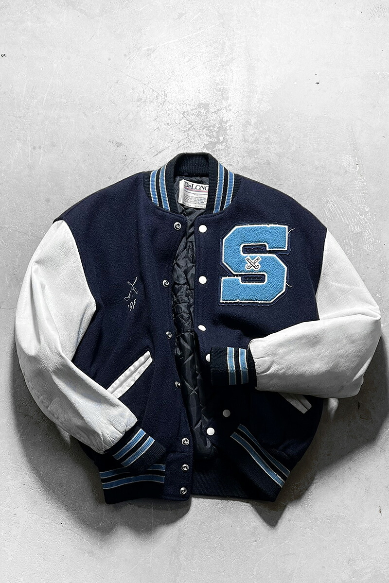 【中古】DELONG (デロング) MADE IN USA 98'S STADIUM JACKET 98年代 レザー スタジアム ジャケット NAVY [SIZE: M USED]｜JULIUS NYC