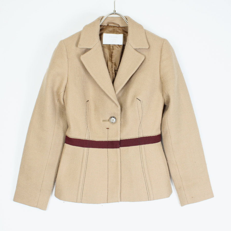 【WOMENS】【中古】【送料無料】(KA) PRADA (プラダ) MADE IN ITALY WOOL TAILOERD JACKET イタリア製 ウール テーラードジャケット BEIGE [SIZE:38 USED]｜JULIUS NYC