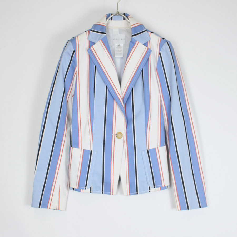 【WOMENS】【中古】【送料無料】(KA) CELINE (セリーヌ) MADE IN FRANCE MULTI STRIPE TAILORED JACKET フランス製 マルチストライプ テーラードジャケット BLUE/MULTI [SIZE: 38 USED]｜JULIUS NYC