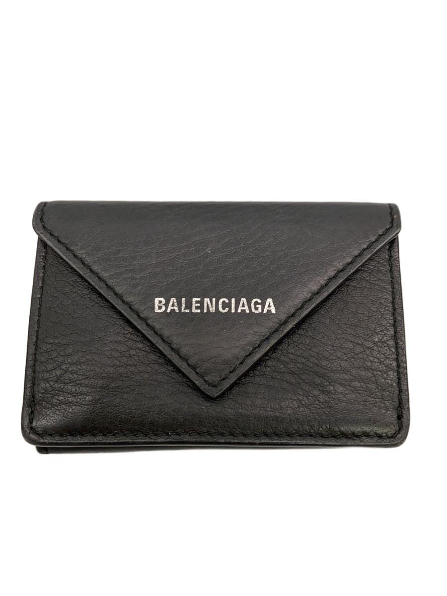 【中古】BALENCIAGA◆3つ折り紙入れ/なめし革/BLK/無地/レディース【服飾雑貨他】