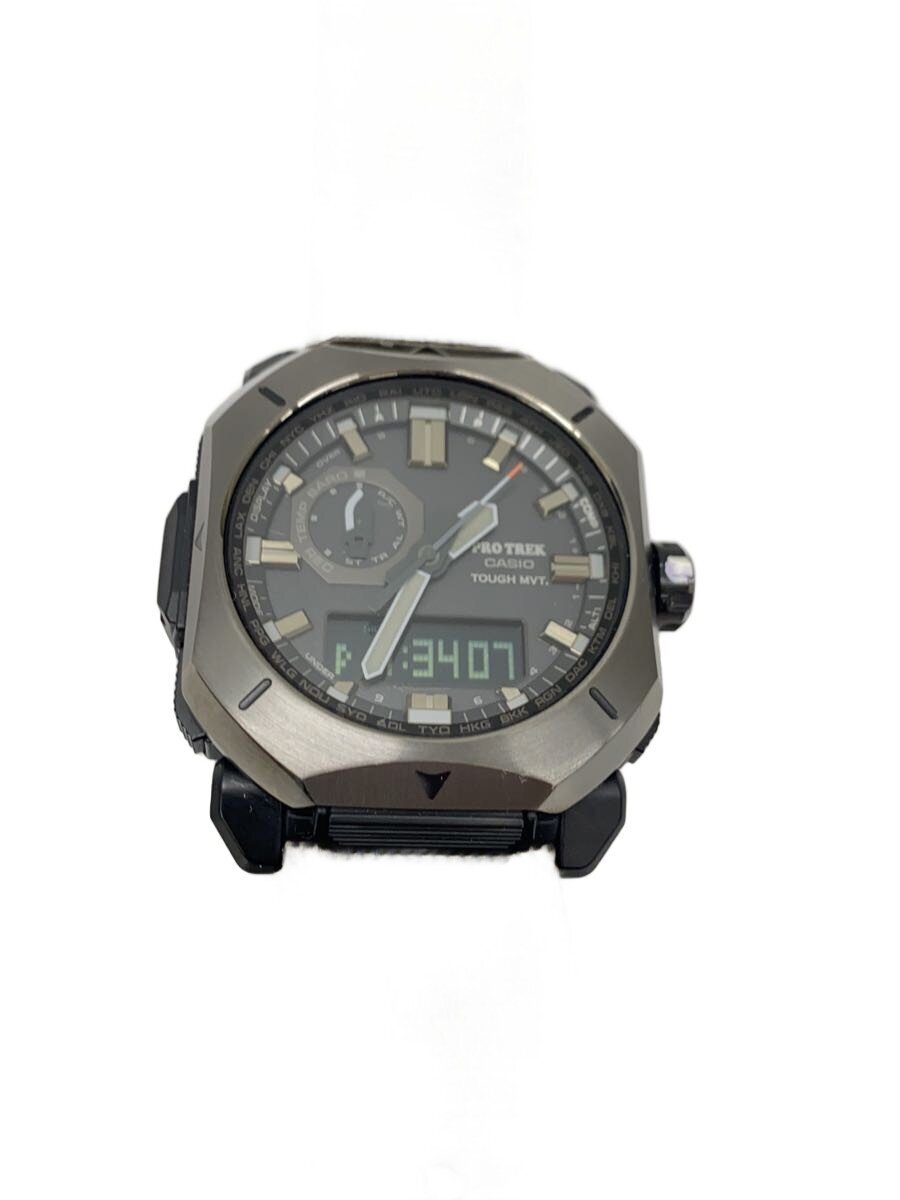 【中古】CASIO◆Climber Line/ソーラーウオッチ/デジアナ/帆布/GRY/GRN/PRW-6900YB【服飾雑貨他】