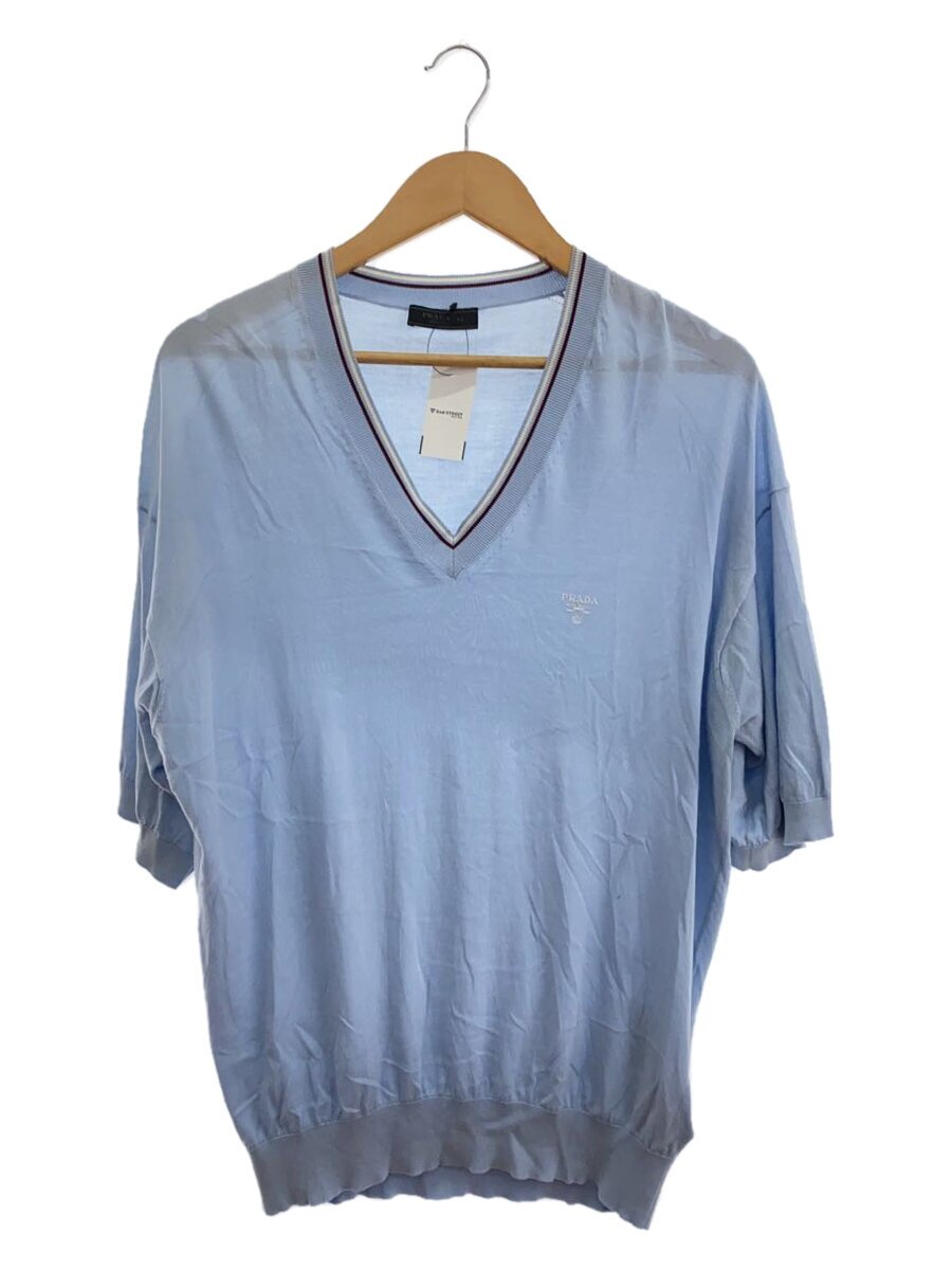 【中古】PRADA◆23ss/絹地綿織物半袖編み物・スウェーター(薄っぺら)/Vのど首/胸ロゴタイプ刺しゅう/【メンズウェア】