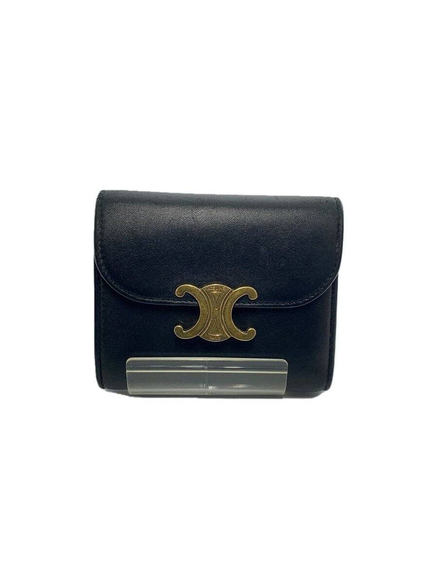 【中古】CELINE◆3つ折り札入れ/--/BLK/無地/レディース/スモールウォレット トリオンフ/キズあり【服飾雑貨他】