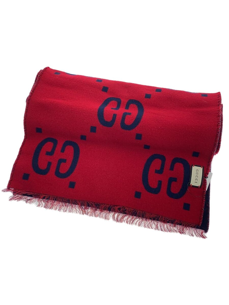 【中古】GUCCI◆GGジャ差し固める/えり巻き/地絹/羊毛/RED/NVY/総柄/レディース【服飾雑貨他】