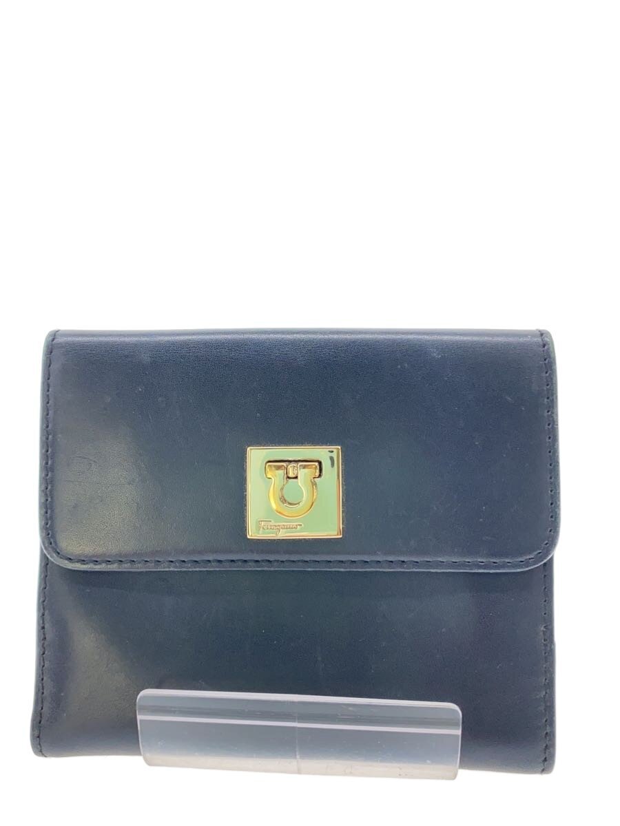 【中古】Salvatore Ferragamo◆ガンチーニ柄2つ折り紙入れ/なめし革/BLK/メンズ/擦れあり【服飾雑貨他】