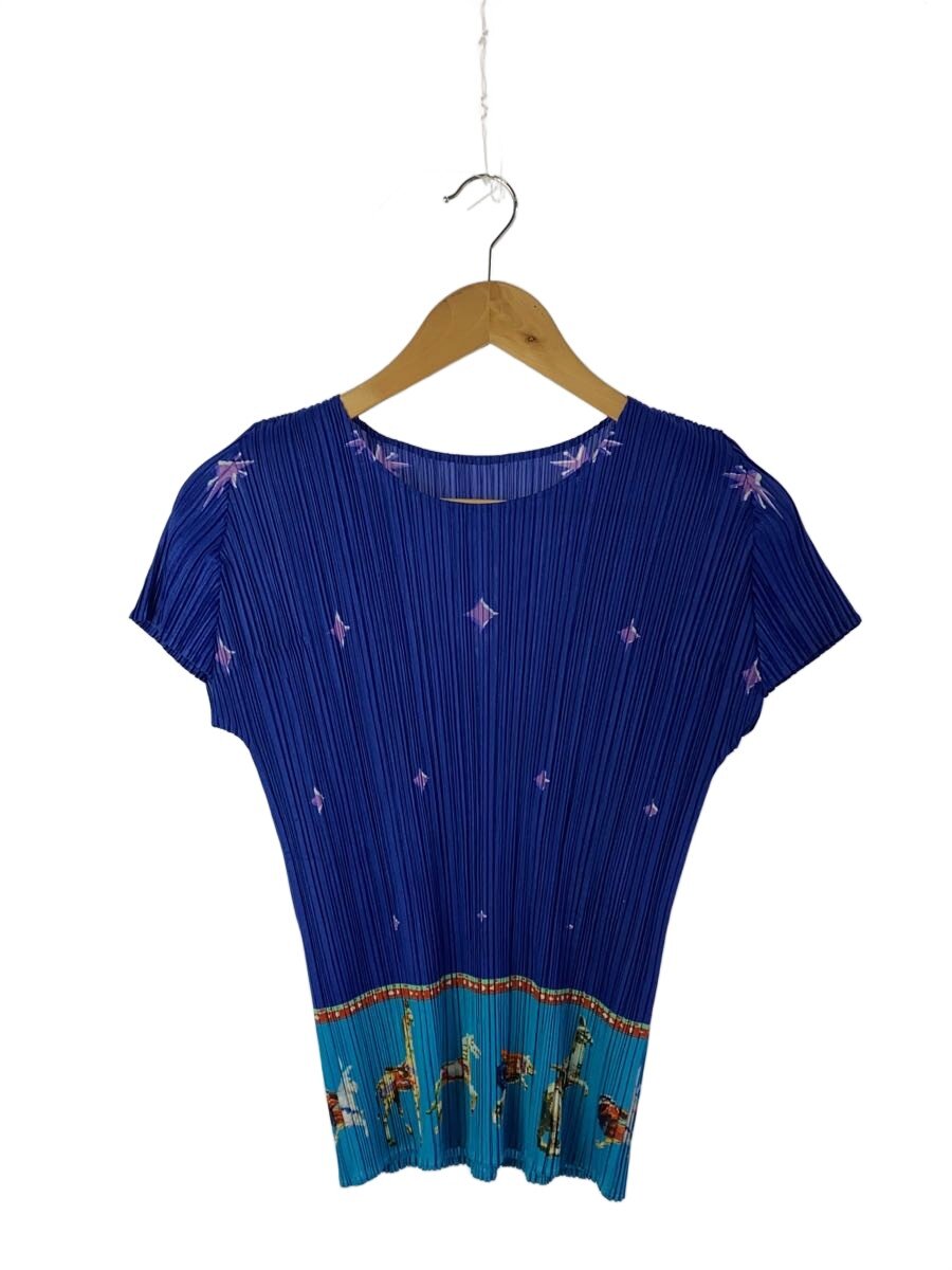 【中古】PLEATS PLEASE ISSEY MIYAKE◆半袖カットソー/4/ポリエステル/BLU/PP43-JK771【レディース御召しもの】
