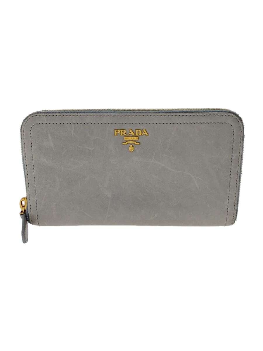 【中古】PRADA◆長紙入れ/なめし革/薄墨色/無地/レディース【服飾雑貨他】