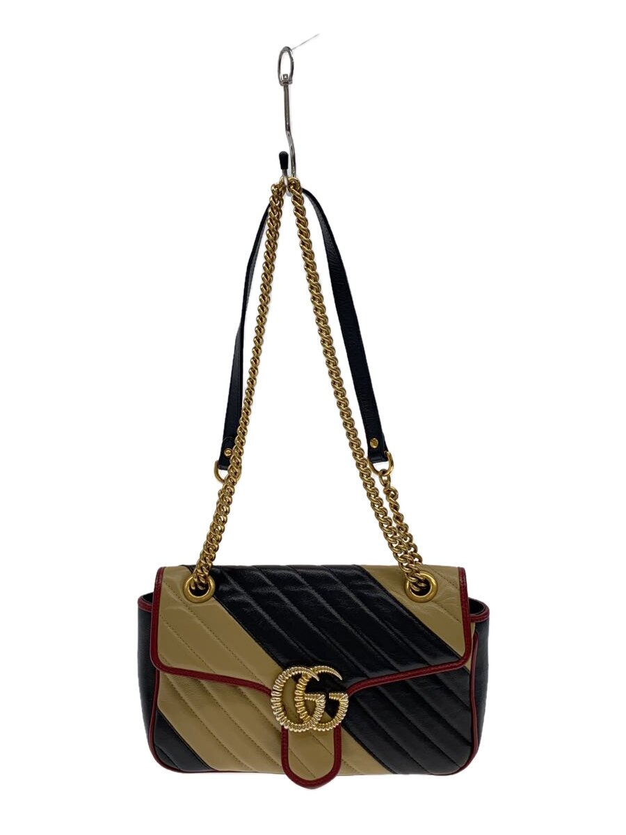 【中古】GUCCI◆スモール・ショルダーバッグ_GGマーモント_キルティング/チェーン店肩部/なめし革/ベージュ【御徒面子】