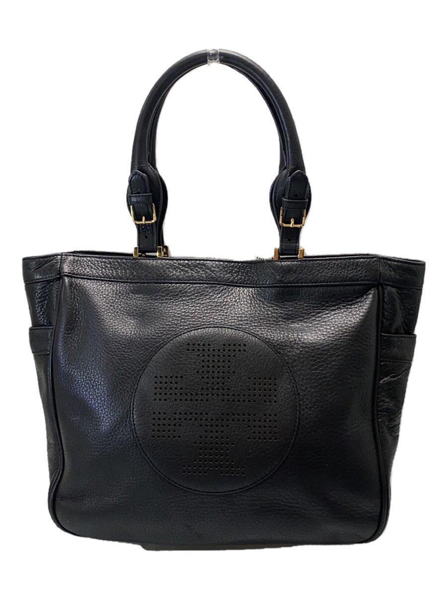 【中古】TORY BURCH◆トートバッグ/なめし革/BLK/ロゴパンチング/根もと角擦れあり【御徒面子】