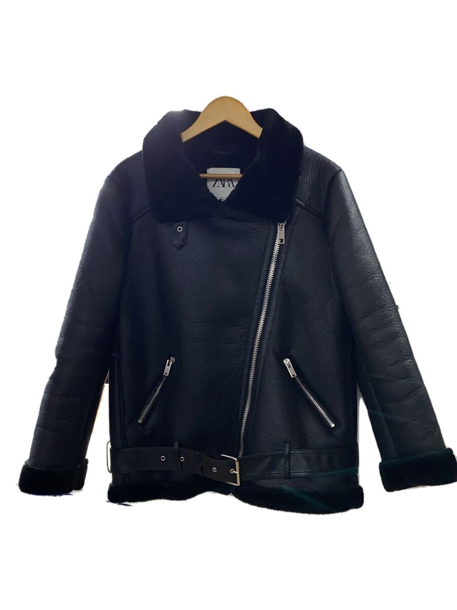 【中古】ZARA◆フェイクムートンダブルライダースジャケット/L/ポリエステル/BLK【レディース御召しもの】