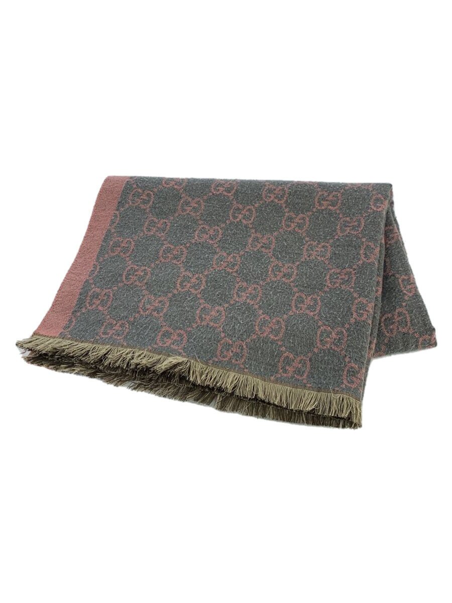 【中古】GUCCI◆GGジャガードウールスカーフ/綿織物/GRY/総柄/レディース/フリンジ【服飾雑貨他】