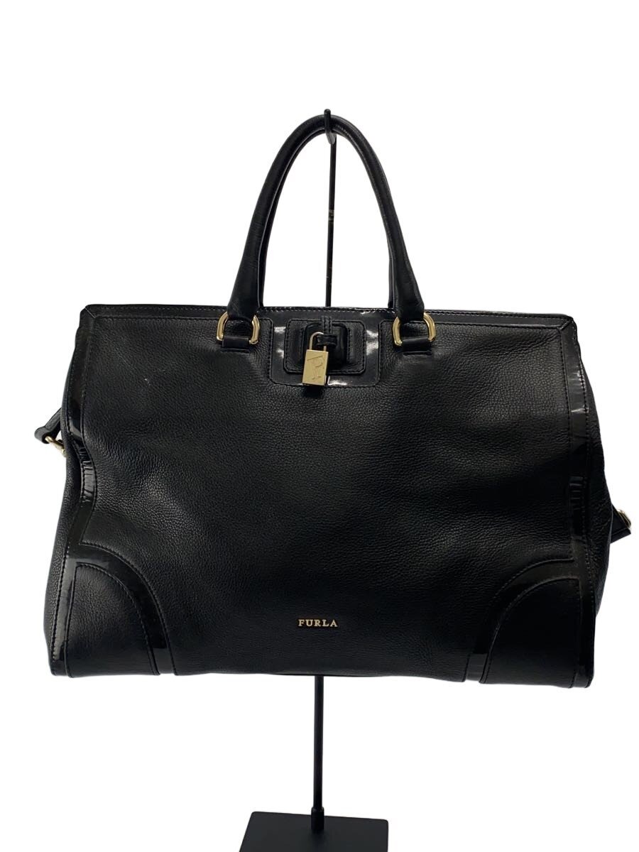 【中古】FURLA◆ハンドバック/なめし革/BLK/無地【御徒面子】