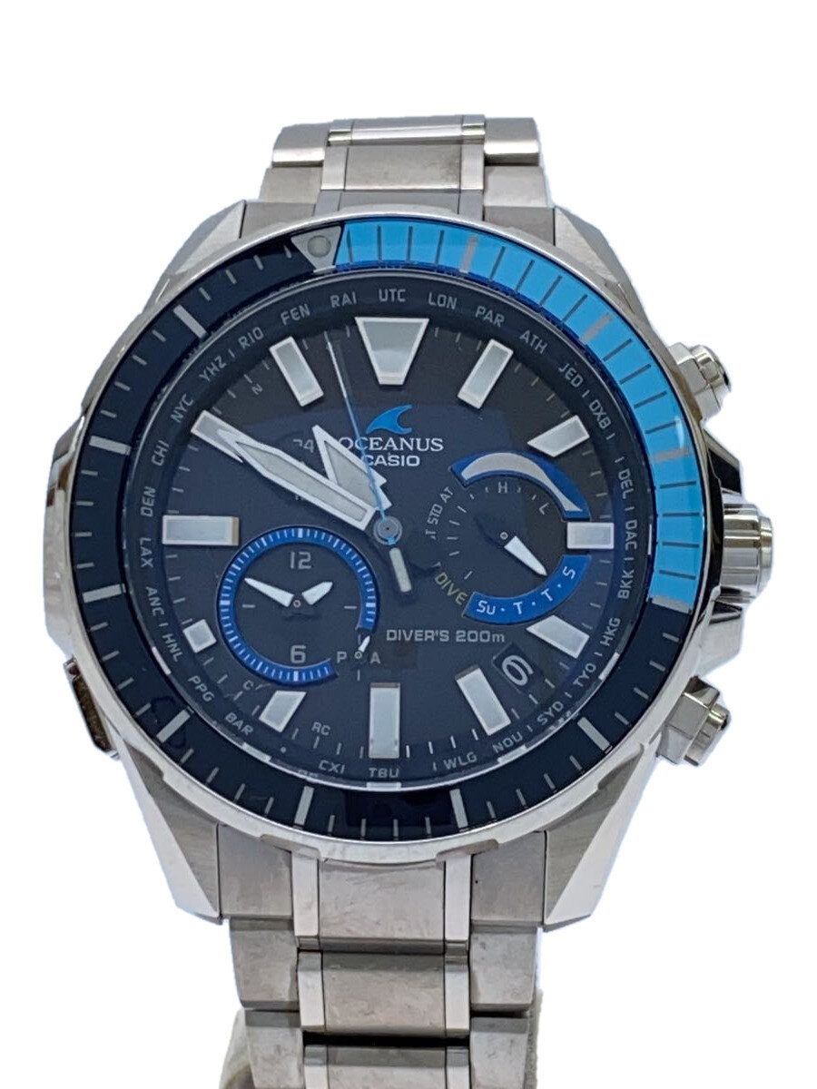 【中古】CASIO◆ソーラーウオッチ_OCEANUS/アナログ/ステンレス鋼/BLK/SLV//【服飾雑貨他】