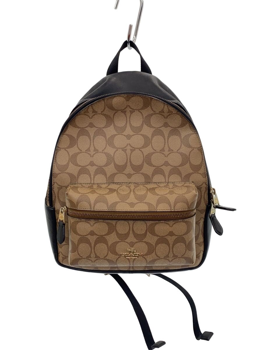 【中古】COACH◆ミディアムチャーリー・バックパック_書き判/なめし革/BEG/総柄【御徒面子】