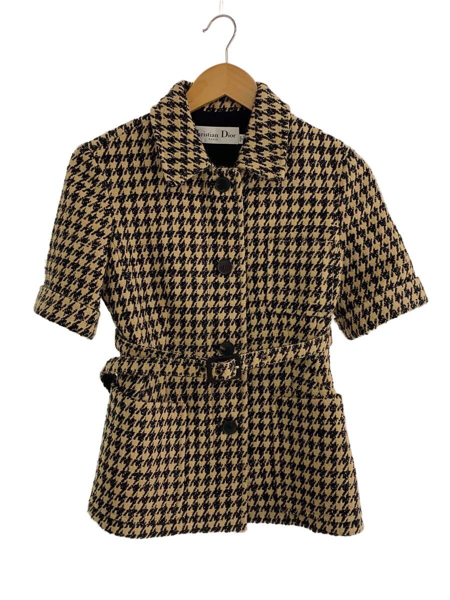 【中古】Christian Dior◆地絹混/ベルテッドハーフスリーブジャケット/38/ツィード/BEG/チドリ透かし彫り/021v47a772【レディース御召しもの】
