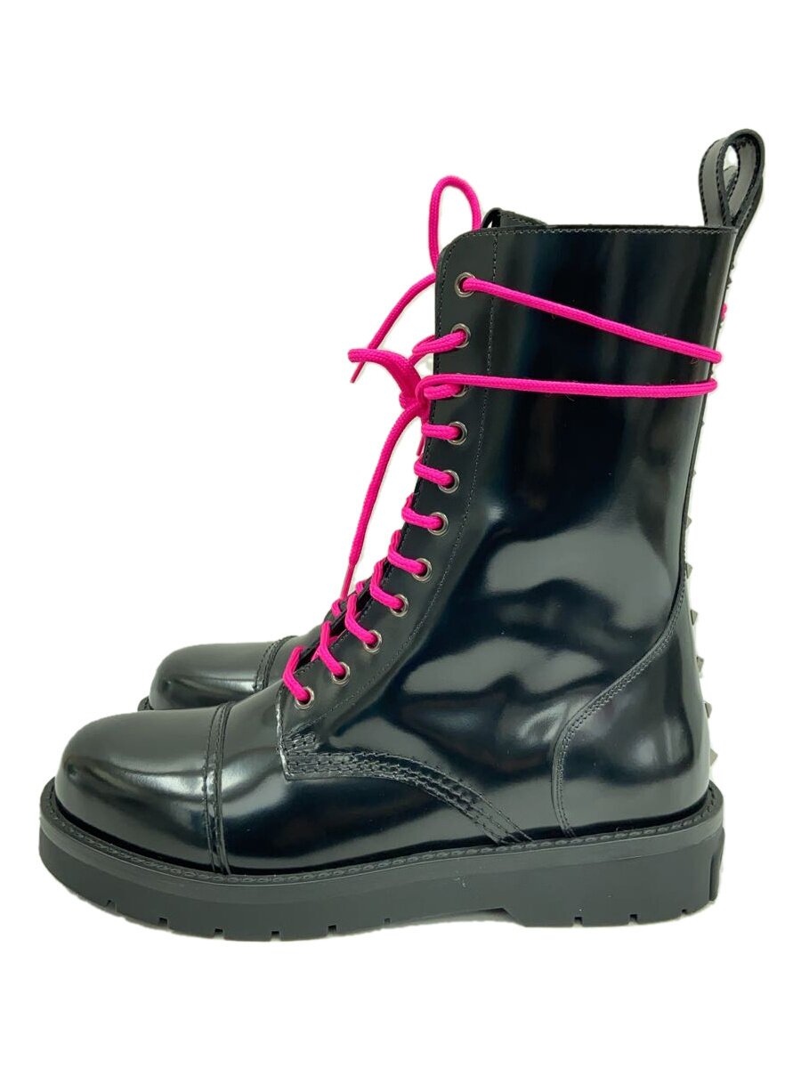 【中古】VALENTINO GARAVANI◆バックスタッズ/レースアップブーツ/サクラ色/ロックスタッズ/28./42/BLK/なめし革//【シューズ】