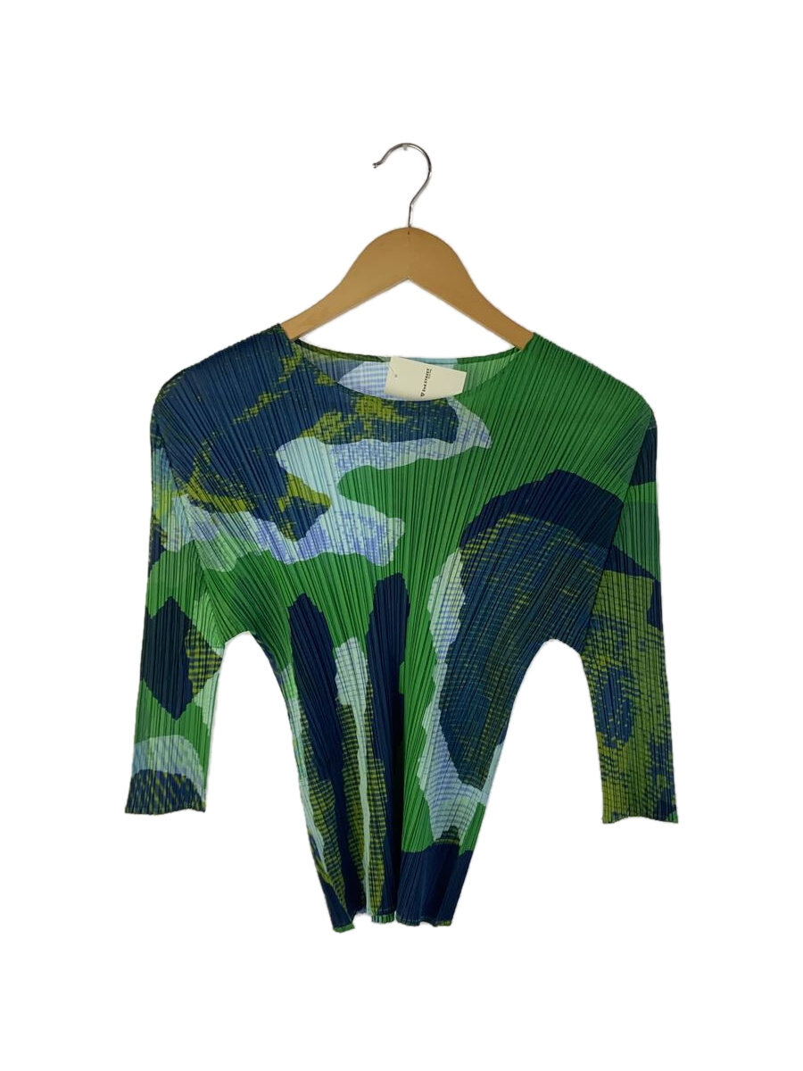 【中古】PLEATS PLEASE ISSEY MIYAKE◆７分袖カットソー/3/ポリエステル/GRN/総柄/PP43JK681【レディース御召しもの】