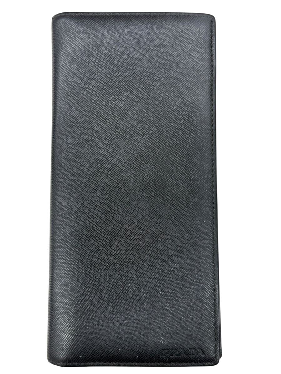 【中古】PRADA◆長札入れ/なめし革/BLK/無地/メンズ/19cm×9.5糎【服飾雑貨他】