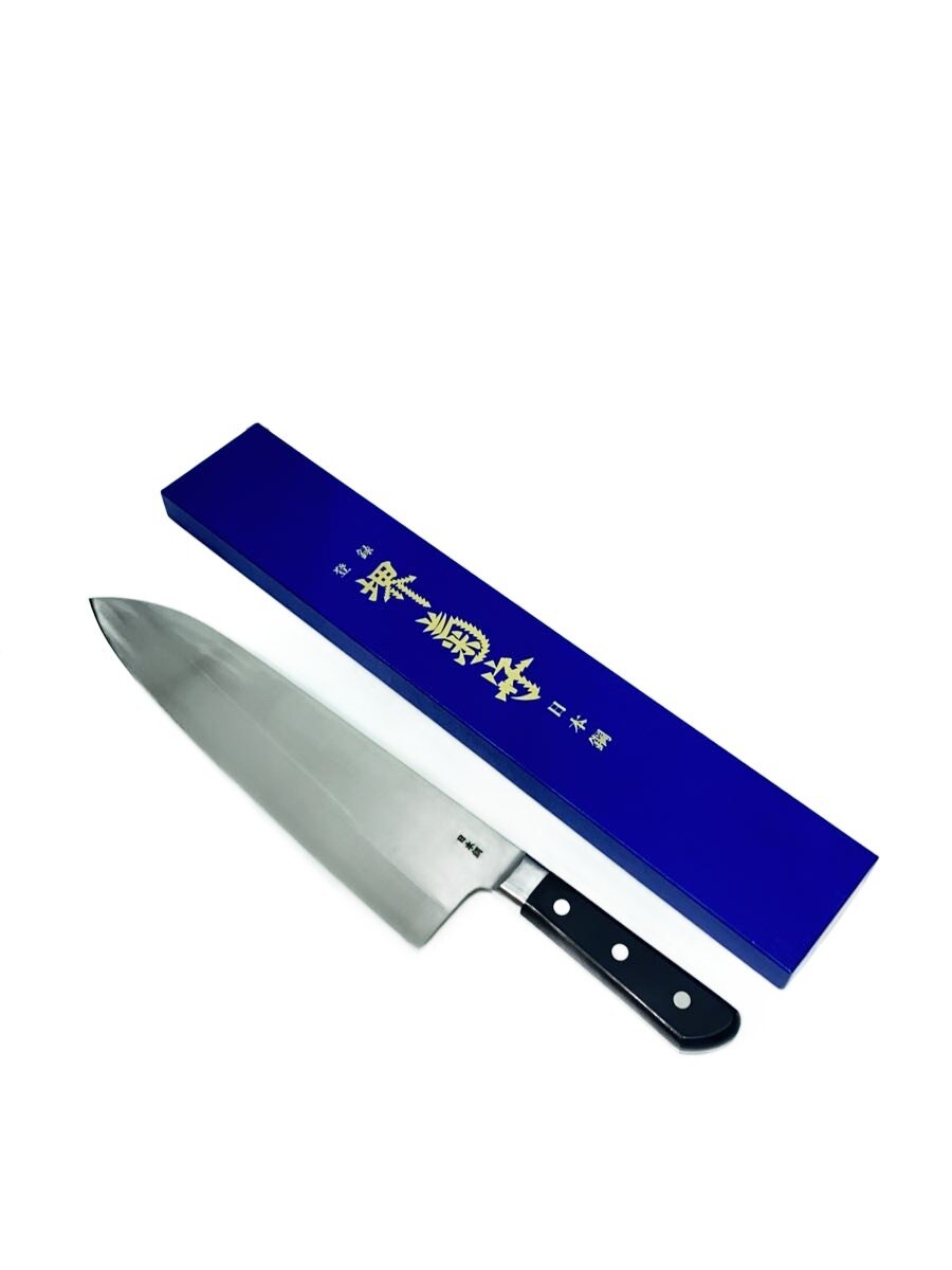 【中古】河村切り手/堺 菊守/日本鋼/口金付/巾広厚口牛刀/大きさ:30珊/SLV【勝手もと装置】
