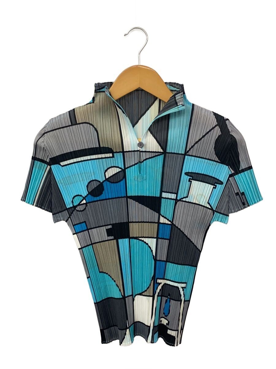 【中古】PLEATS PLEASE ISSEY MIYAKE◆半袖カットソー/3/ポリエステル/BLU/総柄/PP81-JK632【レディース御召しもの】