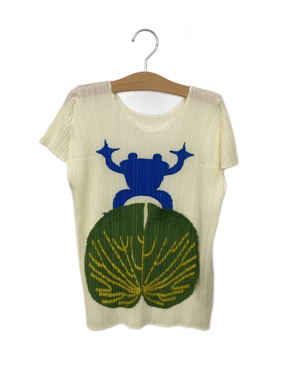 【中古】PLEATS PLEASE ISSEY MIYAKE◆半袖カットソー/3/ポリエステル/IVO/PP51-JK912/蛙【レディースお召しもの】
