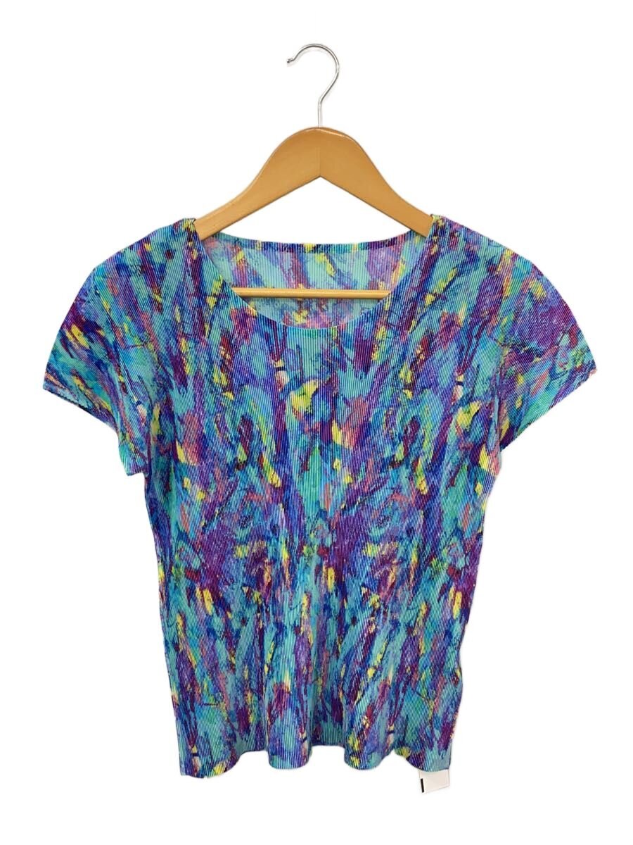 【中古】PLEATS PLEASE ISSEY MIYAKE◆半袖カットソー/3/ポリエステル/BLU/総柄/PP81FK362【レディース御召しもの】