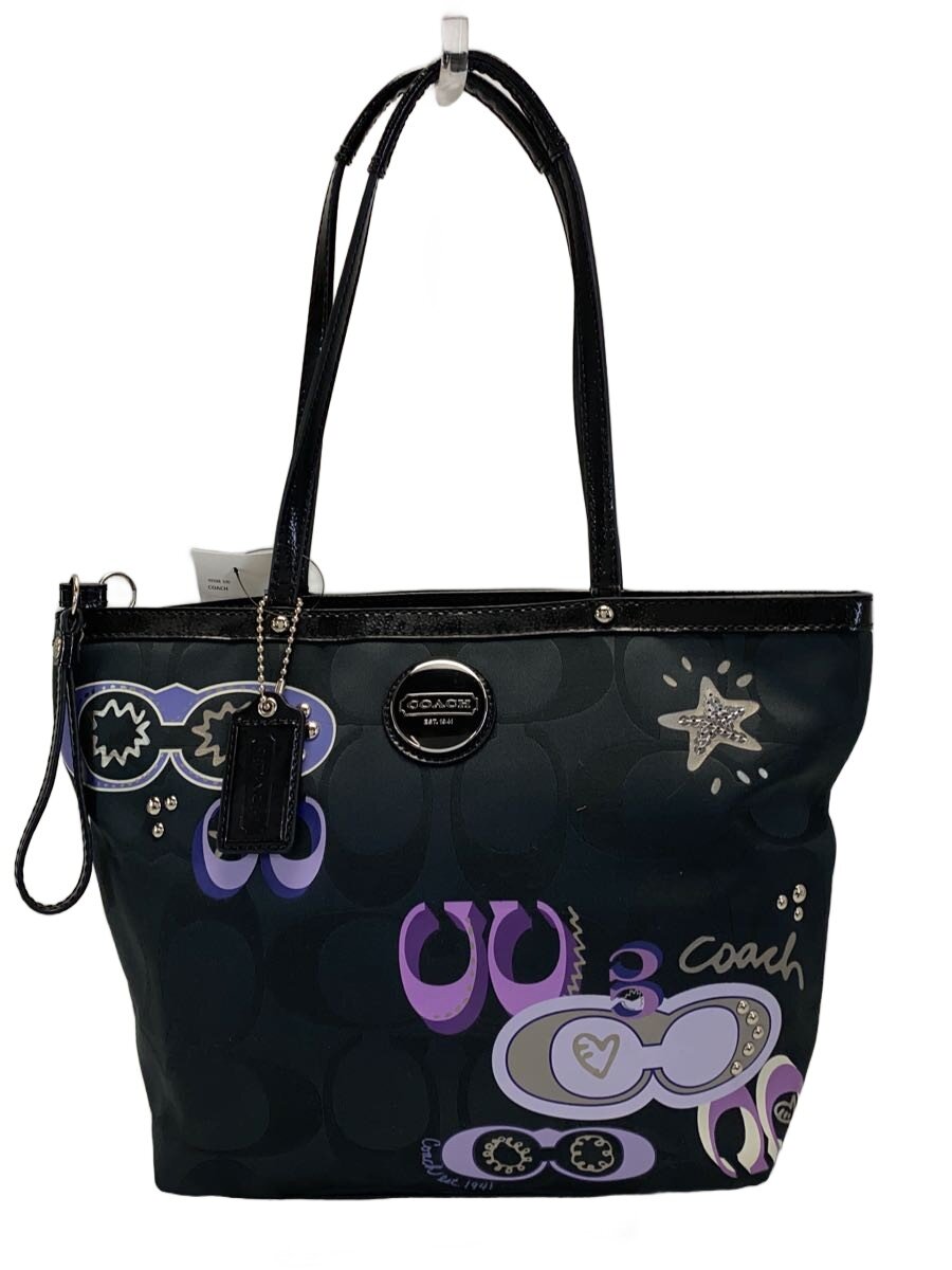 【中古】COACH◆シグネチャーサテンアップリケトートバッグ/帆布/BLK/総柄/F17587【御徒面子】